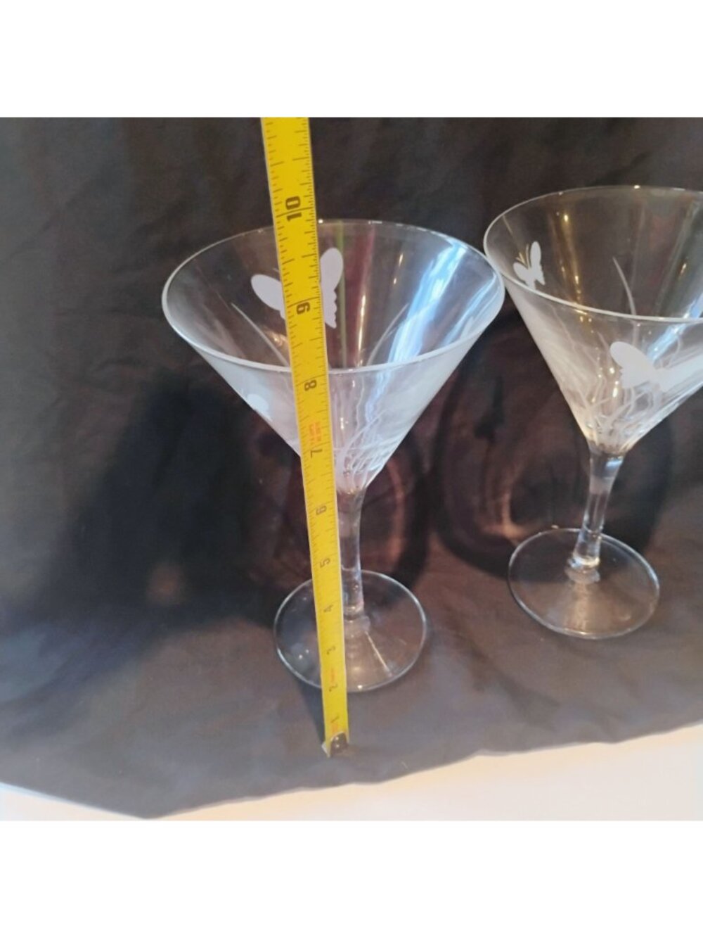 Etched Glass Butterfly Martini Cocktail Glasses Pair Set of 2 - Picture 5 of 8